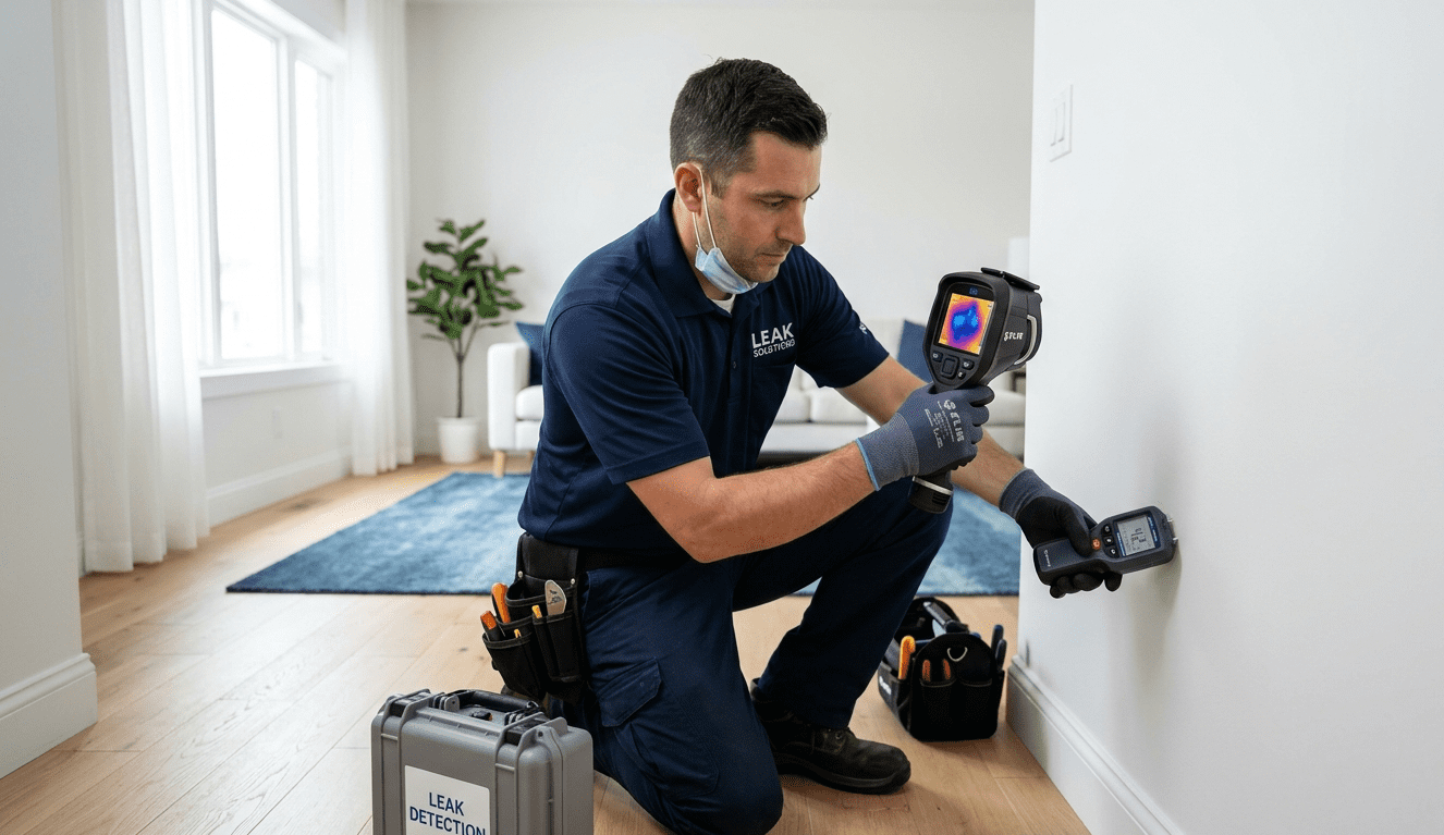 Técnico realizando detecção de vazamento com equipamento de termografia sem quebrar paredes