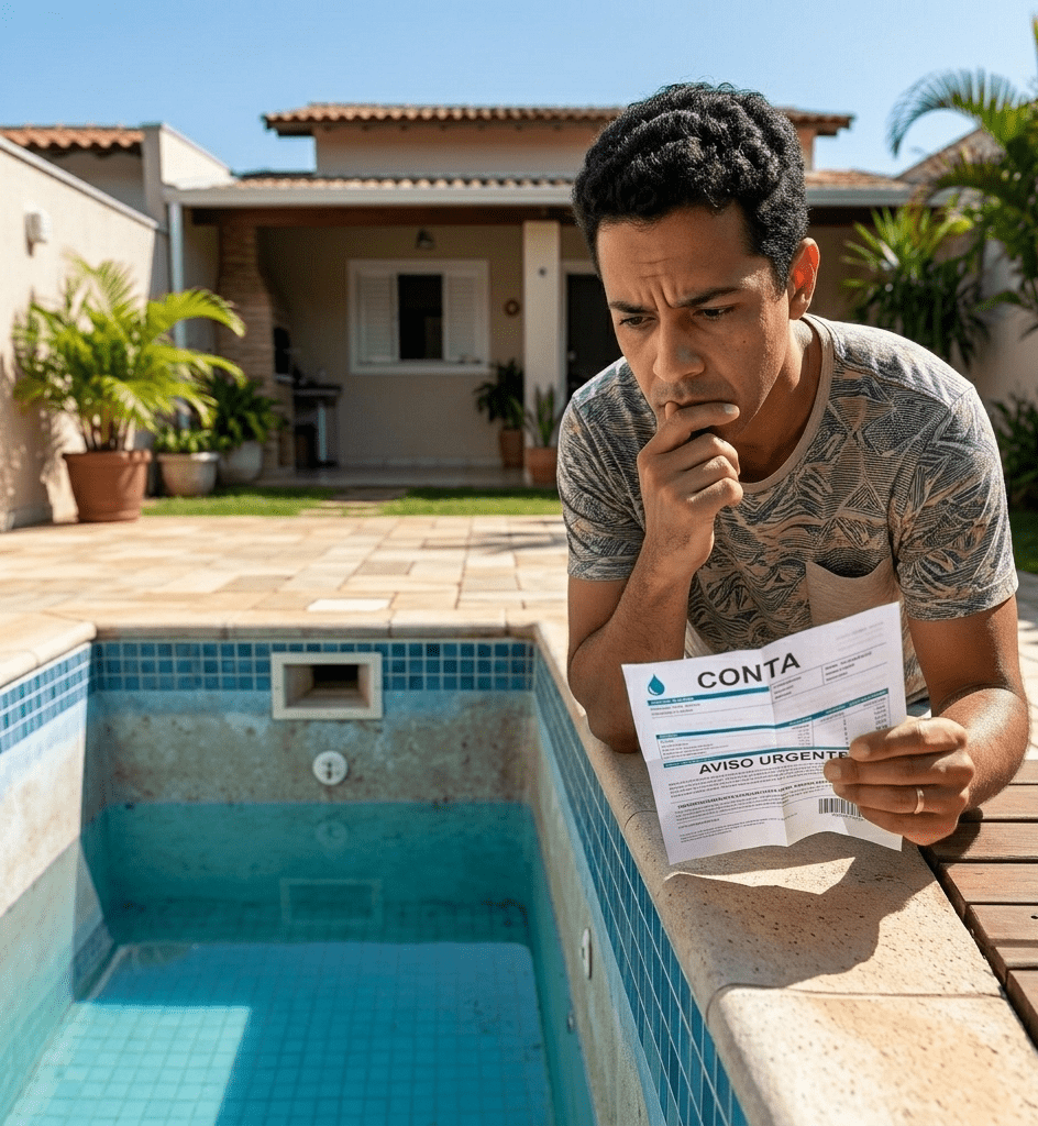 Piscina com nível de água baixo indicando possível vazamento